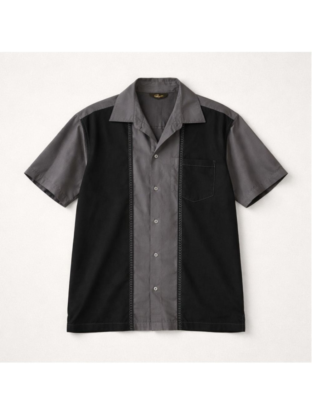Café Luna Black Gray Geometric Embroidered Short Sleeve Button-Up Shirt Men's L